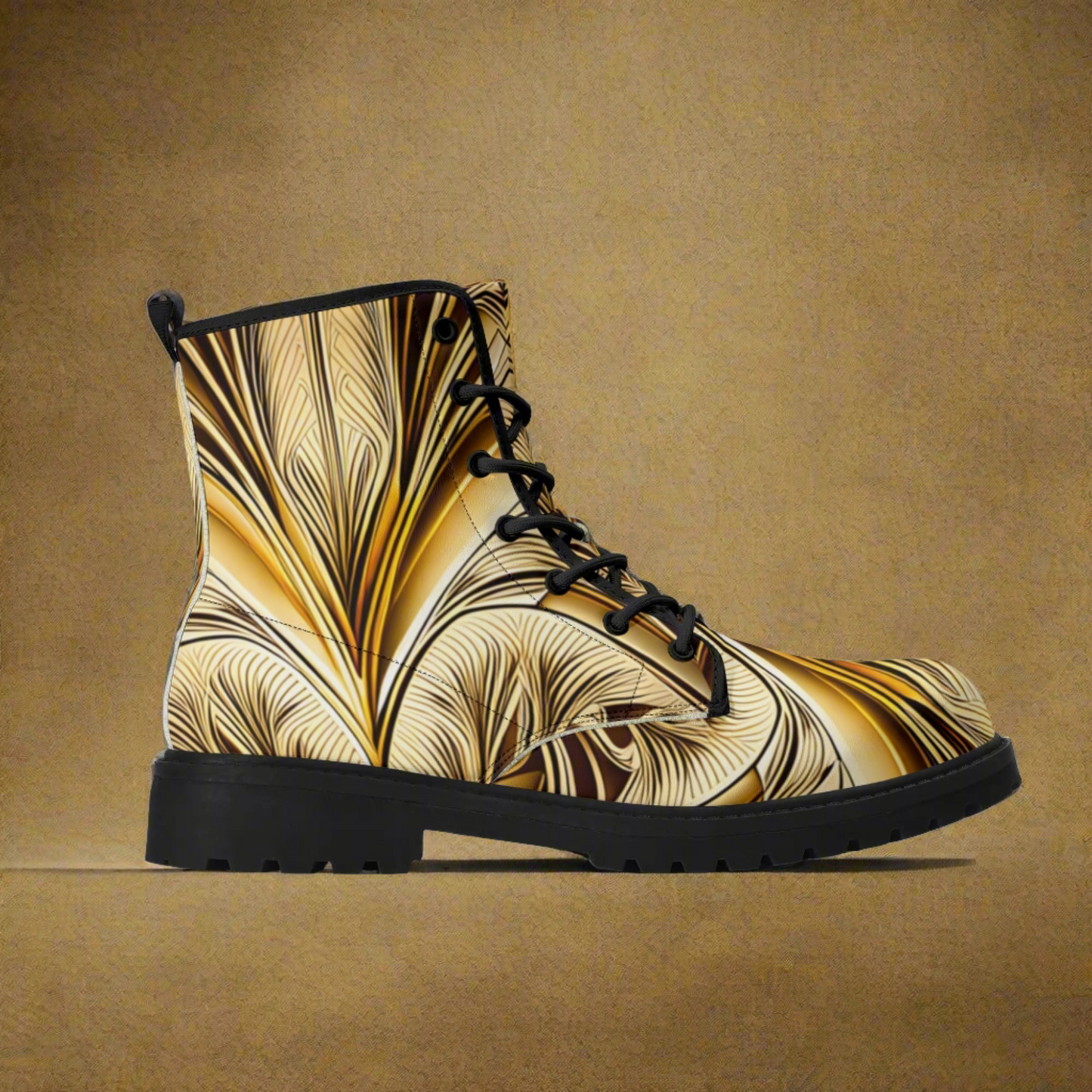 Mens Gold Art Deco Leaves Leather Boots