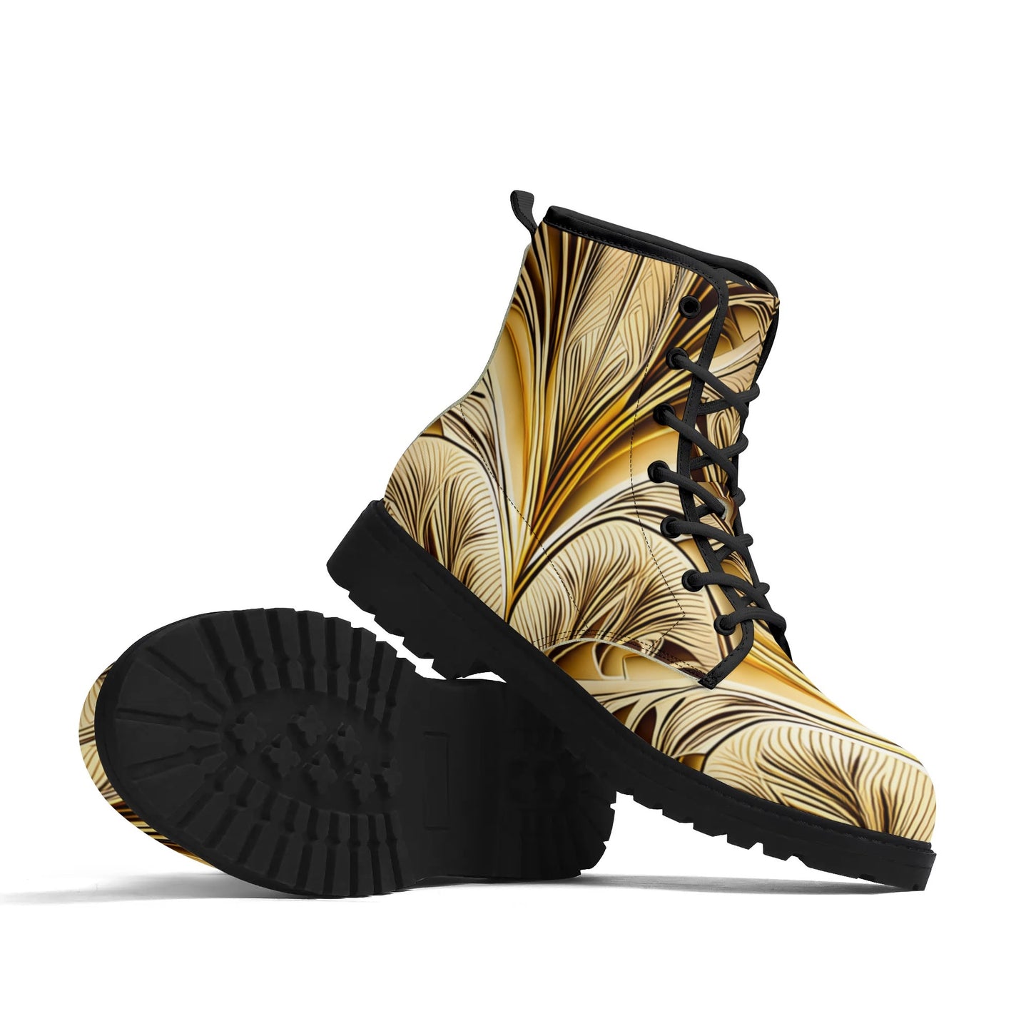 Mens Gold Art Deco Leaves Leather Boots