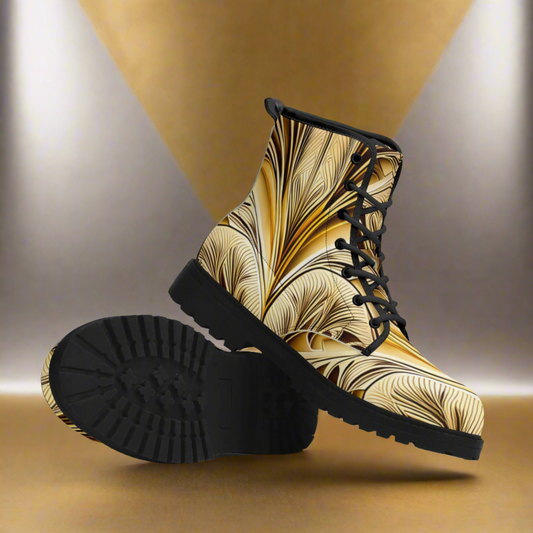 Mens Gold Art Deco Leaves Leather Boots