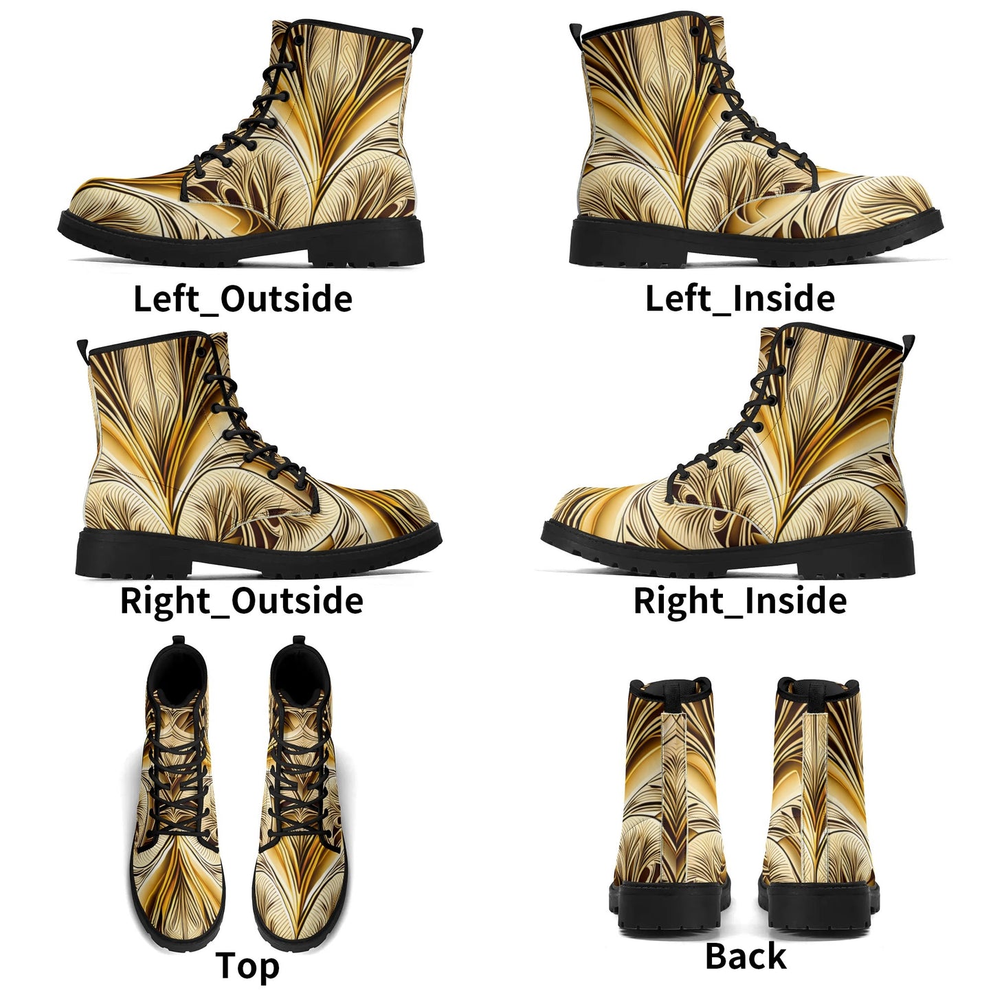 Mens Gold Art Deco Leaves Leather Boots