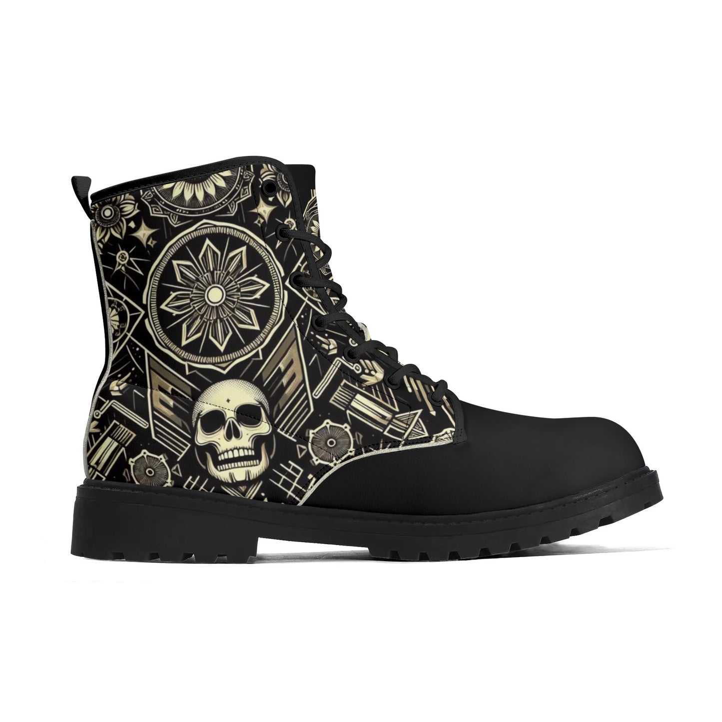 Mens Black Outsole Smiling Skull Leather Boots