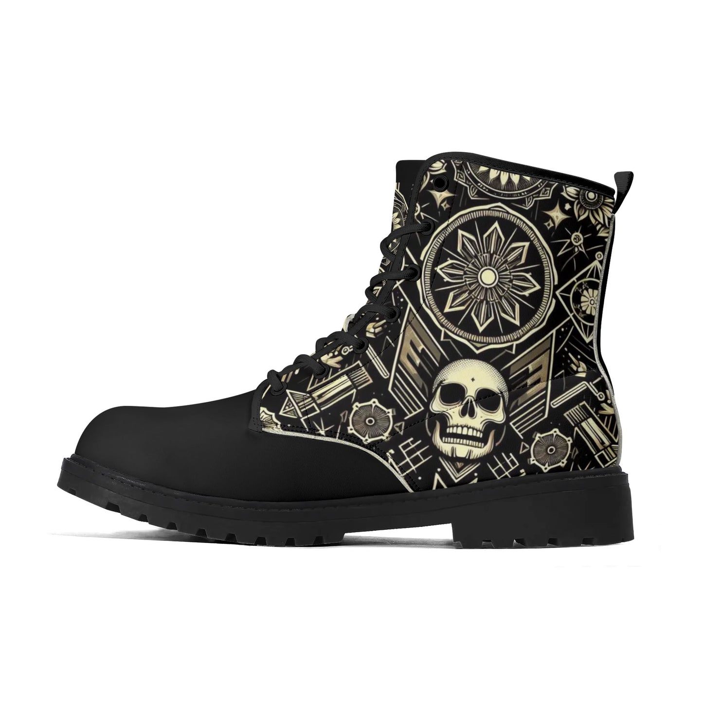 Mens Black Outsole Smiling Skull Leather Boots