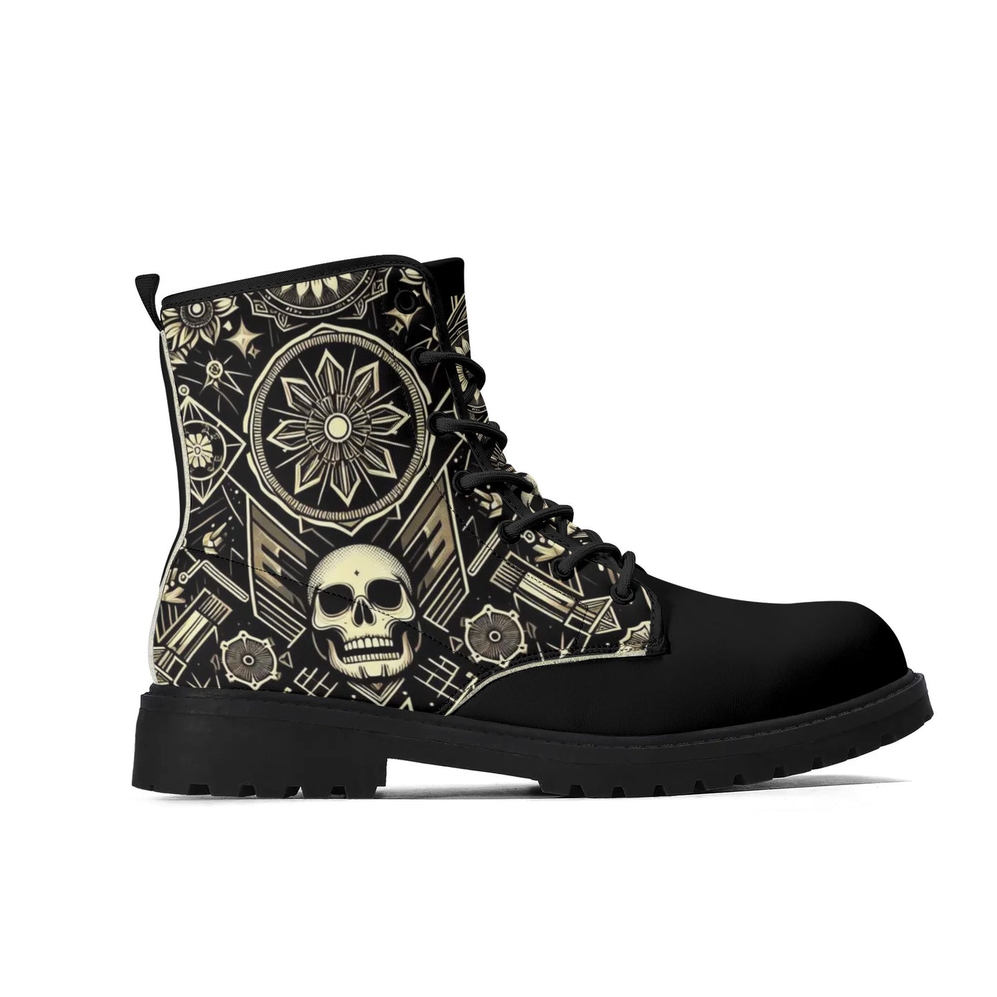 Mens Black Outsole Smiling Skull Leather Boots