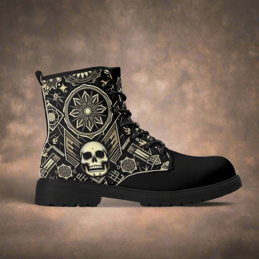 Mens Black Outsole Smiling Skull Leather Boots