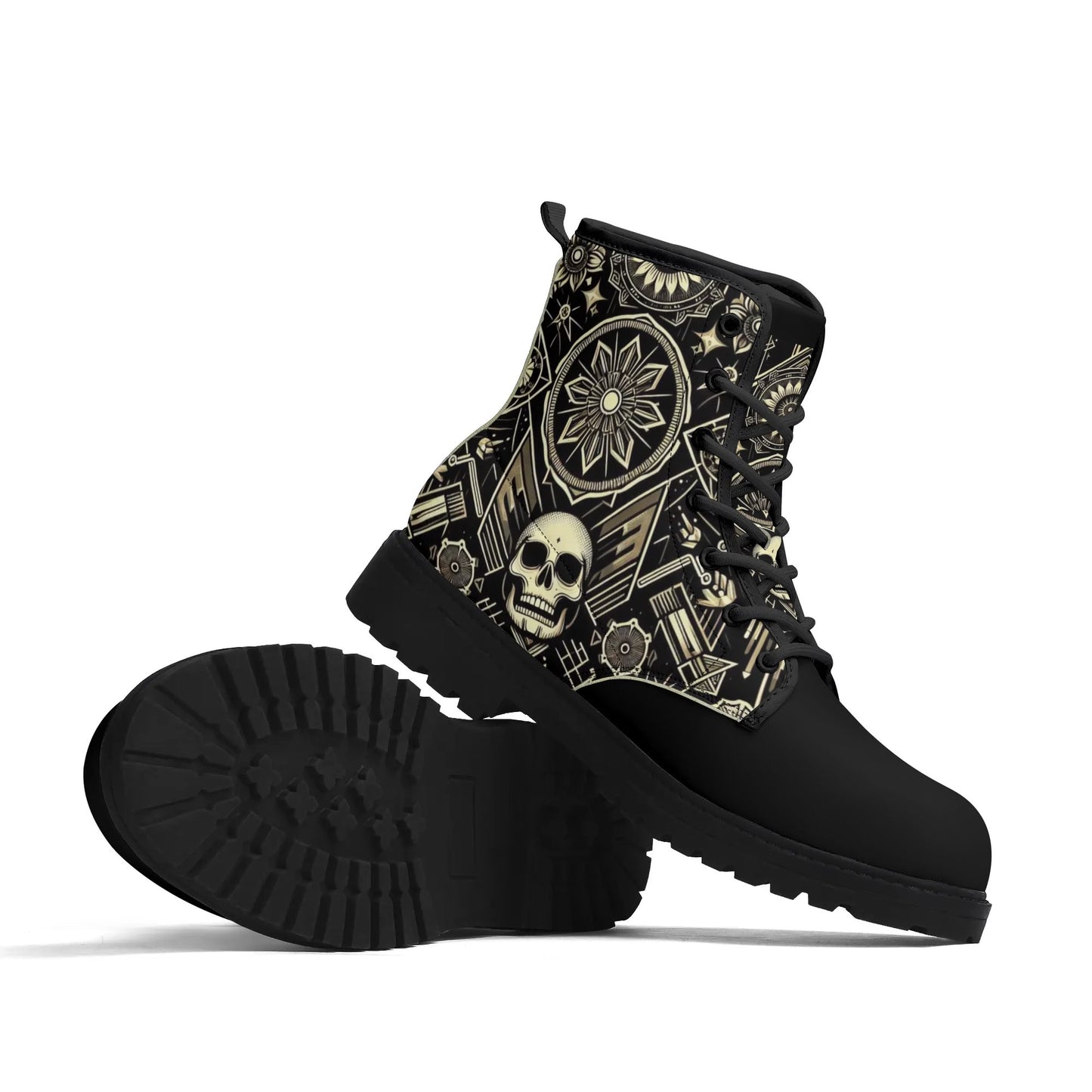 Mens Black Outsole Smiling Skull Leather Boots