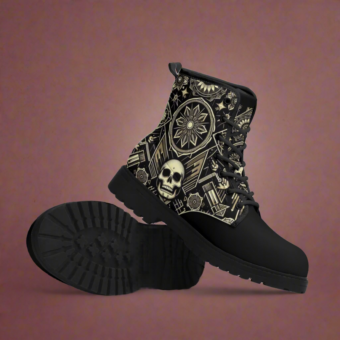 Mens Black Outsole Smiling Skull Leather Boots