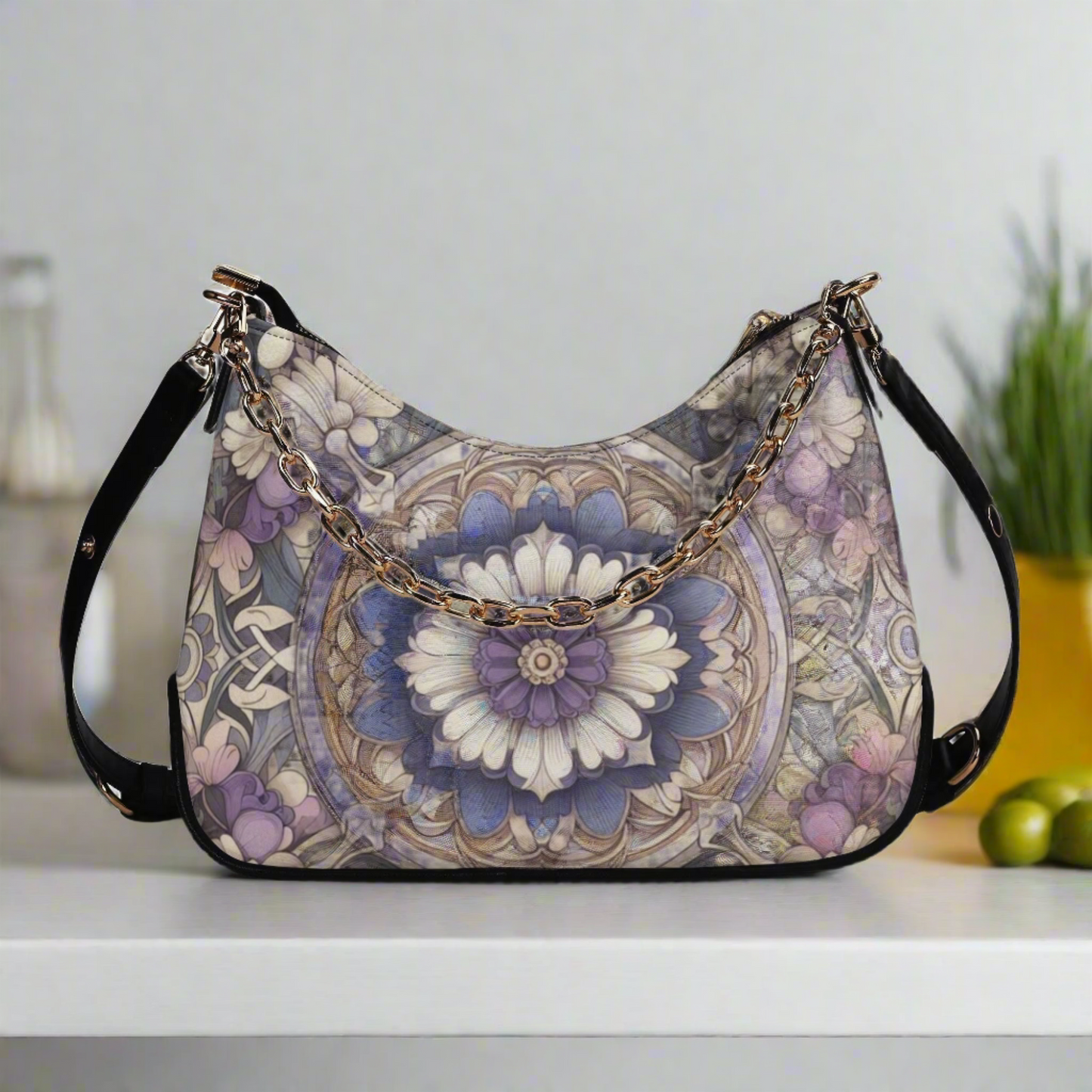 Lady Lavender and Periwinkle Floral Faux Leather Cross-body Bag