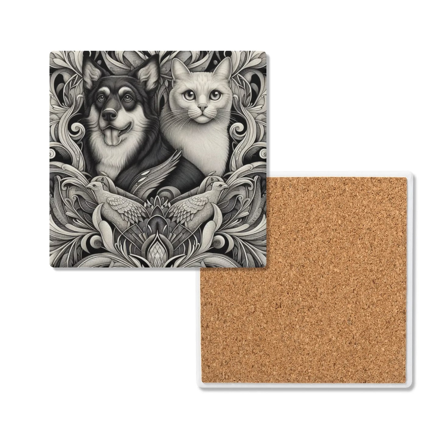 Black and White Dog and Cat Square Ceramic Coasters