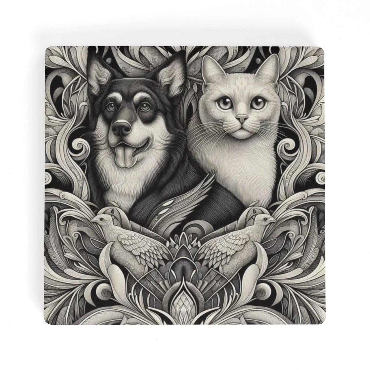 Black and White Dog and Cat Square Ceramic Coasters