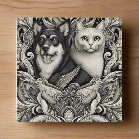 Black and White Dog and Cat Square Ceramic Coasters