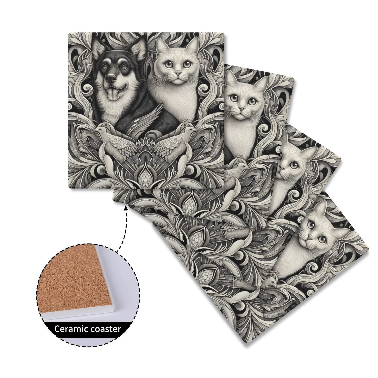 Black and White Dog and Cat Square Ceramic Coasters