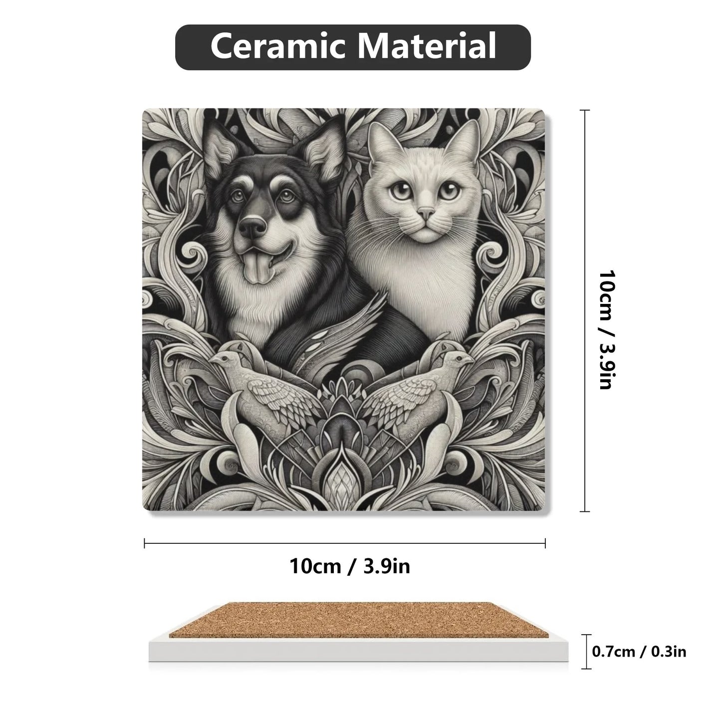 Black and White Dog and Cat Square Ceramic Coasters