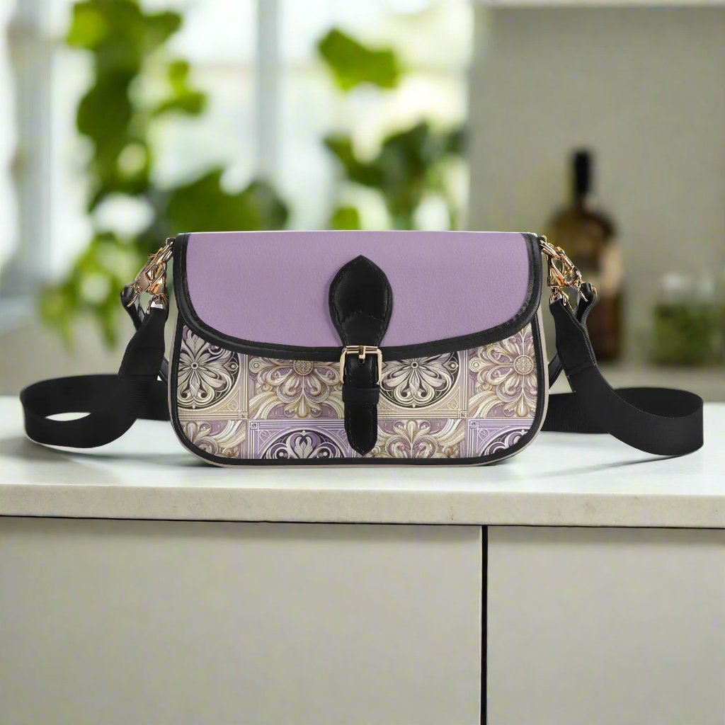 Elegant Decorative Lavender Cream Crossbody Bag - Stylish PU Leather, Adjustable Straps