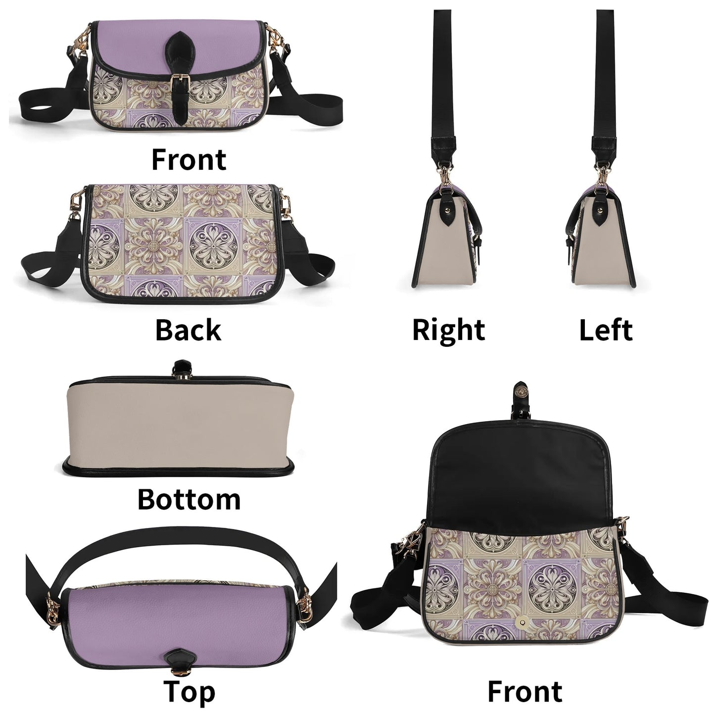 Elegant Decorative Lavender Cream Crossbody Bag - Stylish PU Leather, Adjustable Straps