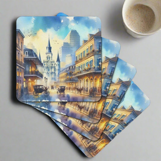 Blue Watercolor Vintage French Quarter Street Scene Rubber Coasters Set