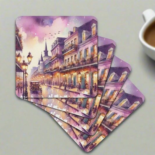 Violet Watercolor Vintage French Quarter Street Scene Rubber Coasters Set