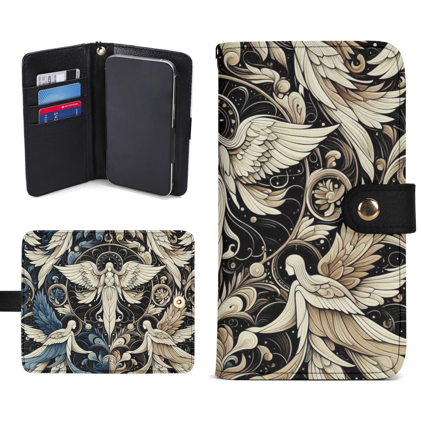 Black Leather Art Deco Angels Black Phone Flip Case for Most Mobile Phone Models