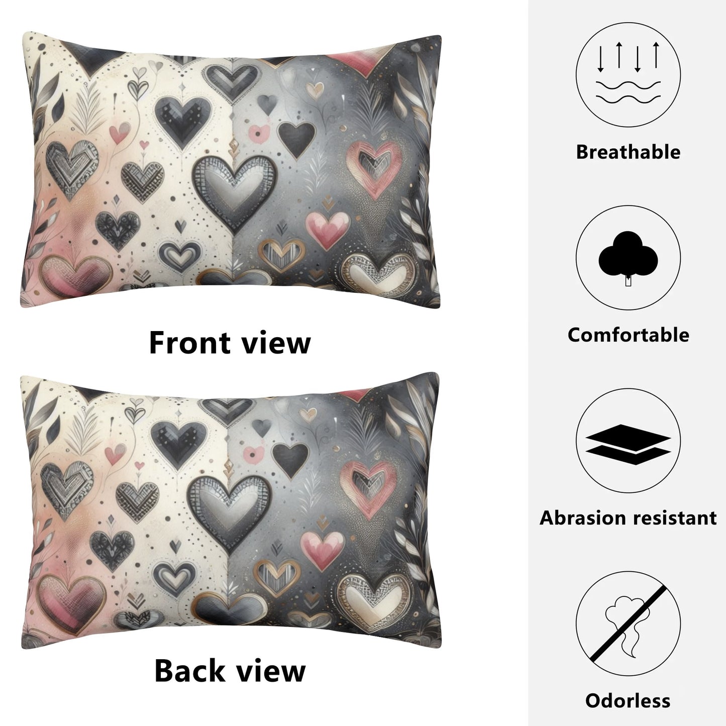 Ebony Chrome Rectangular Floral Hearts Pillow Case