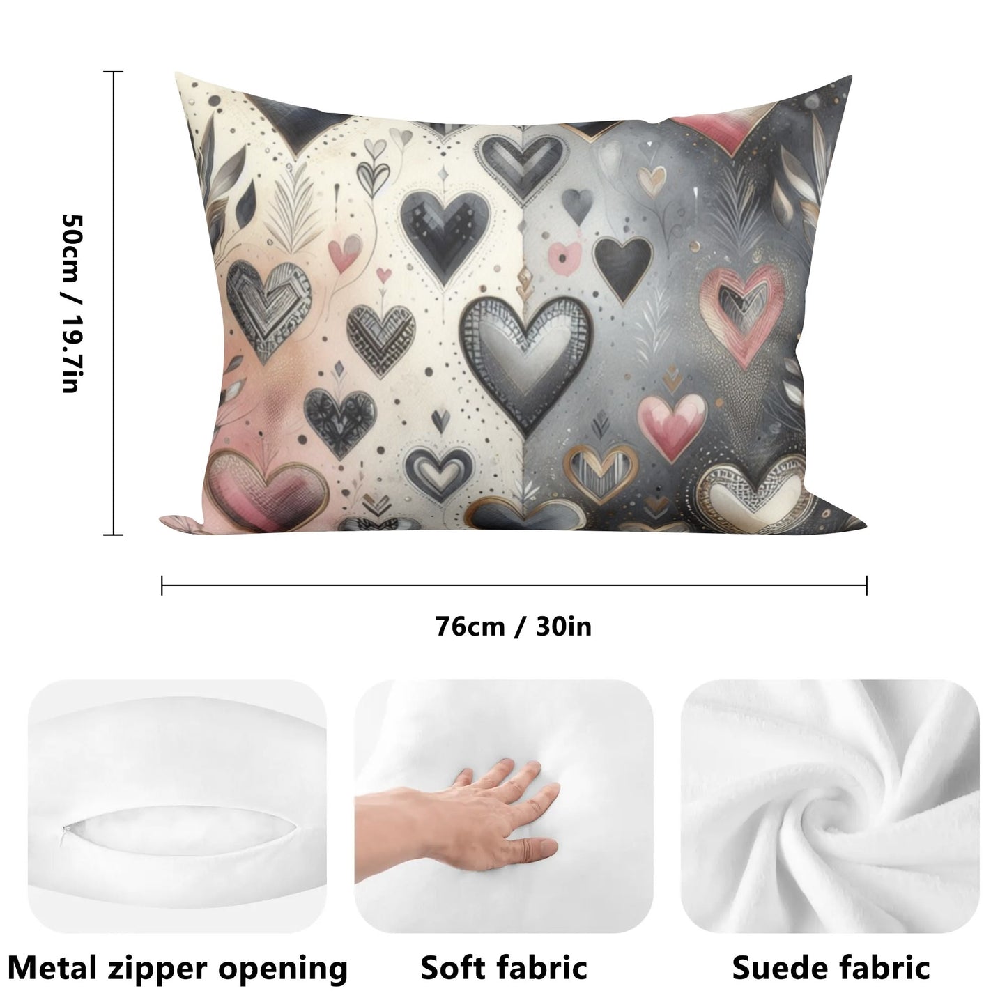 Ebony Chrome Rectangular Floral Hearts Pillow Case