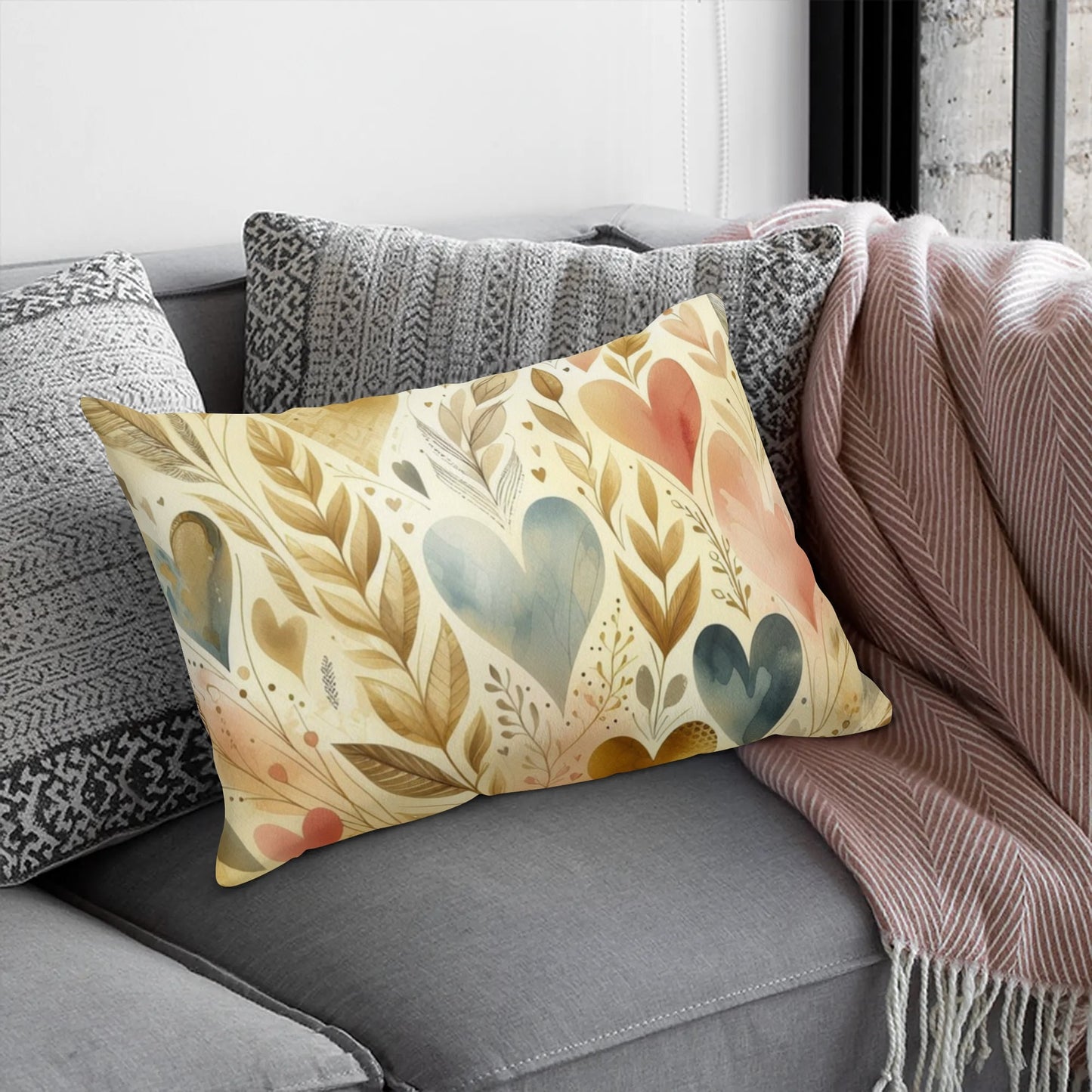 Golden Floral Hearts Rectangular Pillow Case