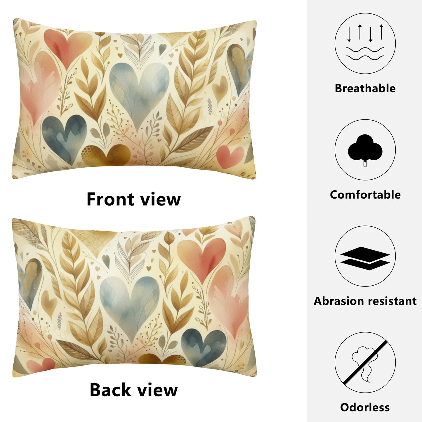 Golden Floral Hearts Rectangular Pillow Case