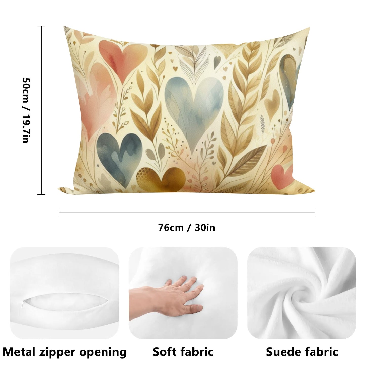 Golden Floral Hearts Rectangular Pillow Case