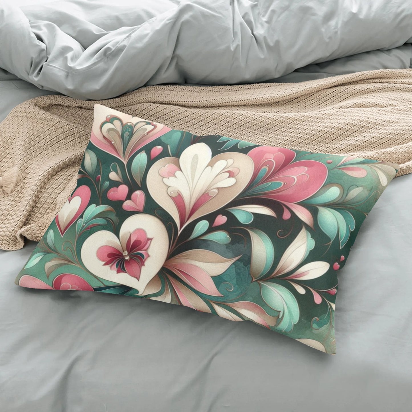 Emerald Green Floral Hearts Pillow Case