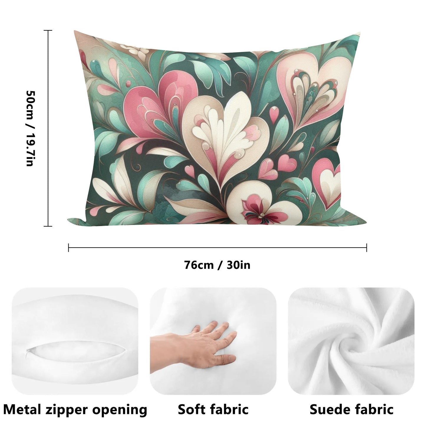 Emerald Green Floral Hearts Pillow Case