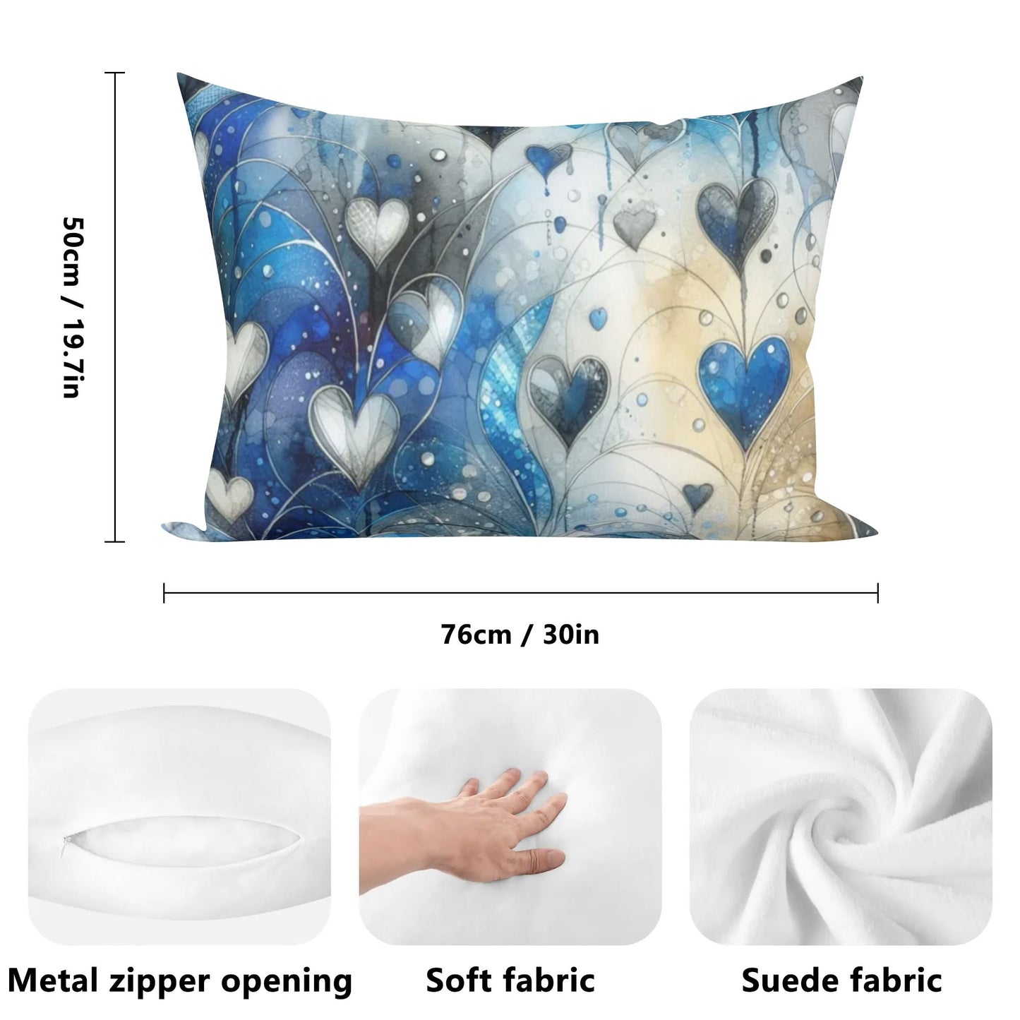 Cobalt Blue Floral Hearts Rectangular Pillow Case