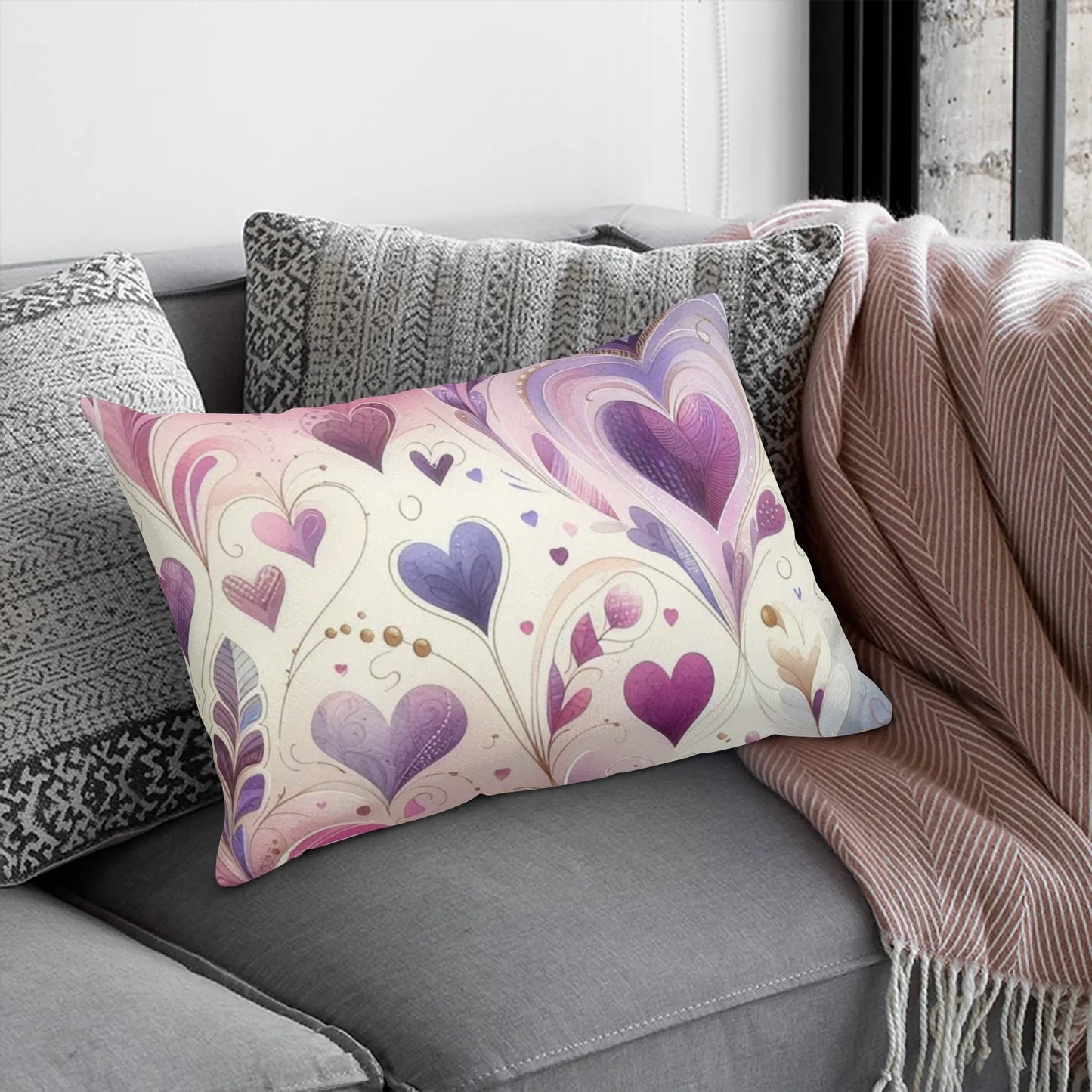 Violet Floral Hearts Rectangular Pillow Case