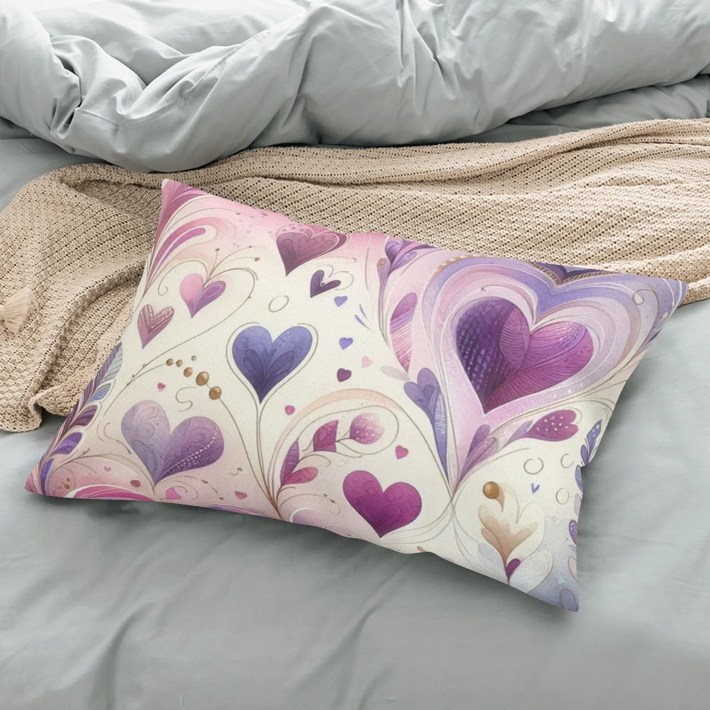 Violet Floral Hearts Rectangular Pillow Case