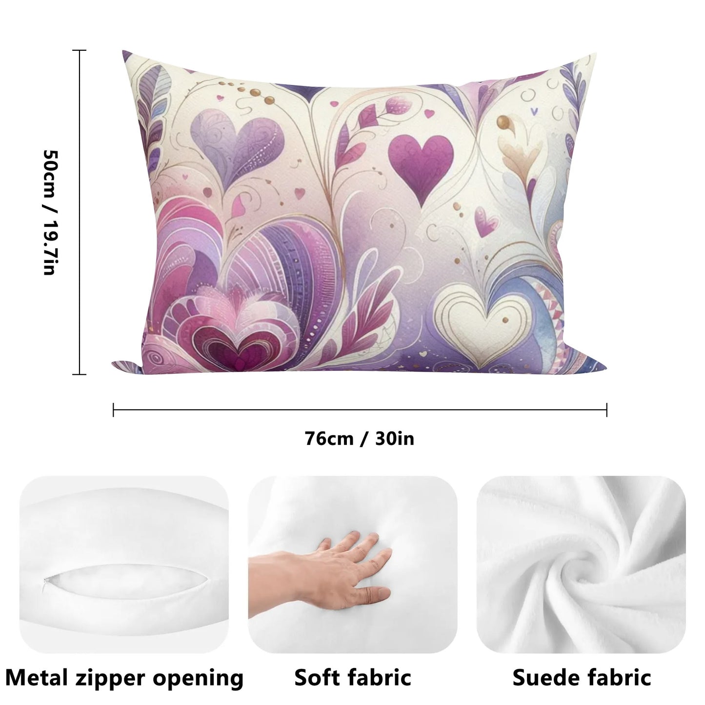 Violet Floral Hearts Rectangular Pillow Case