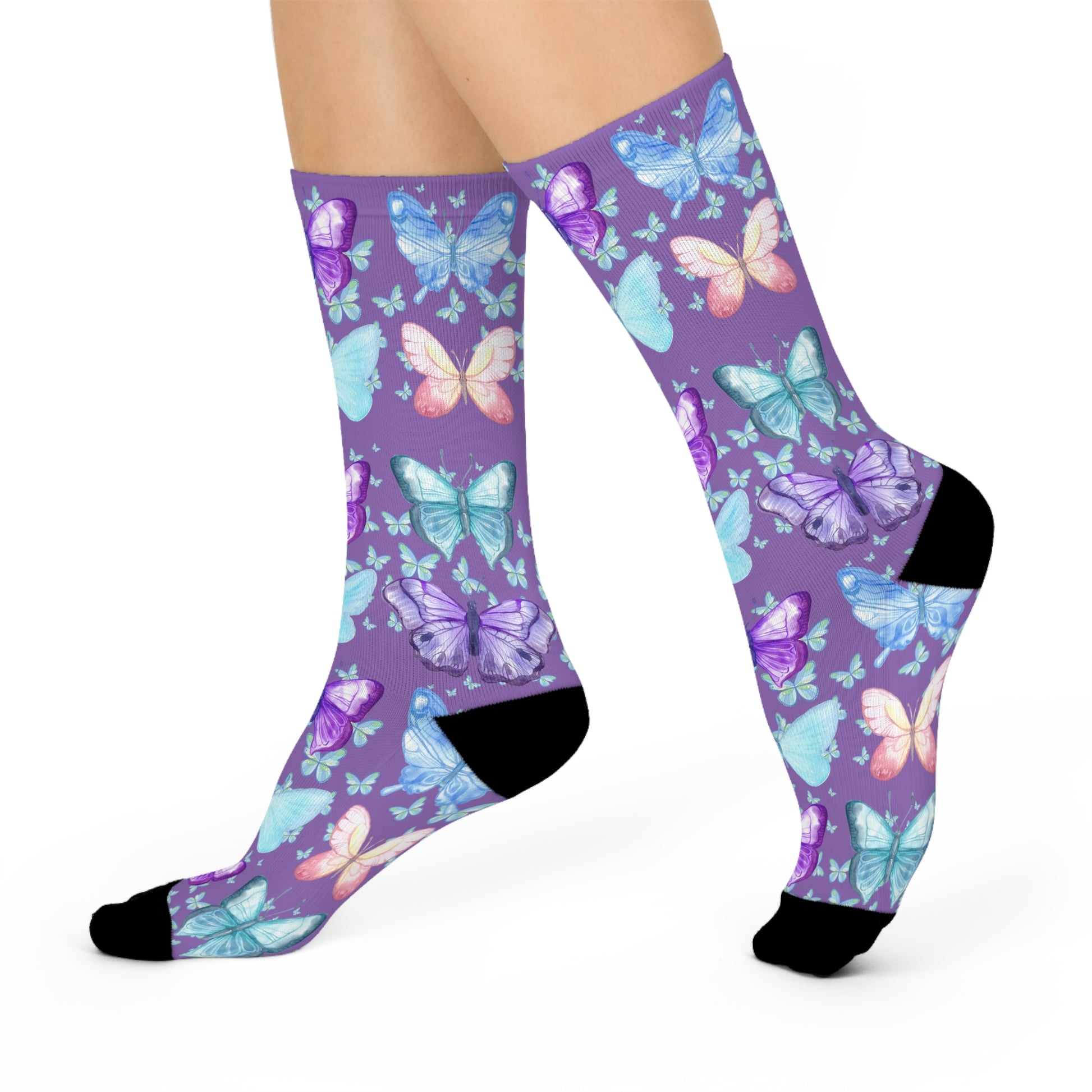 Pastel Butterfly Cushioned Crew Socks - Soft Colorful Footwear - Misfit Marketing Design Studios