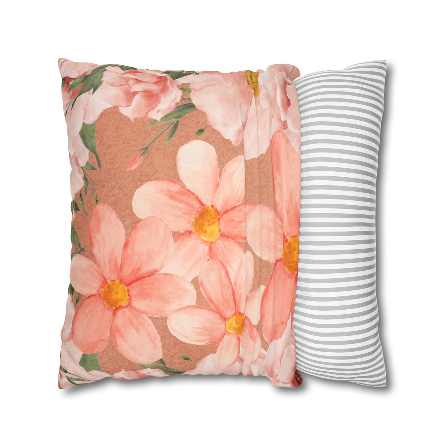 Peach Floral Faux Suede Square Pillow Cover - Decorative Home Accent - Misfit Marketing Design Studios