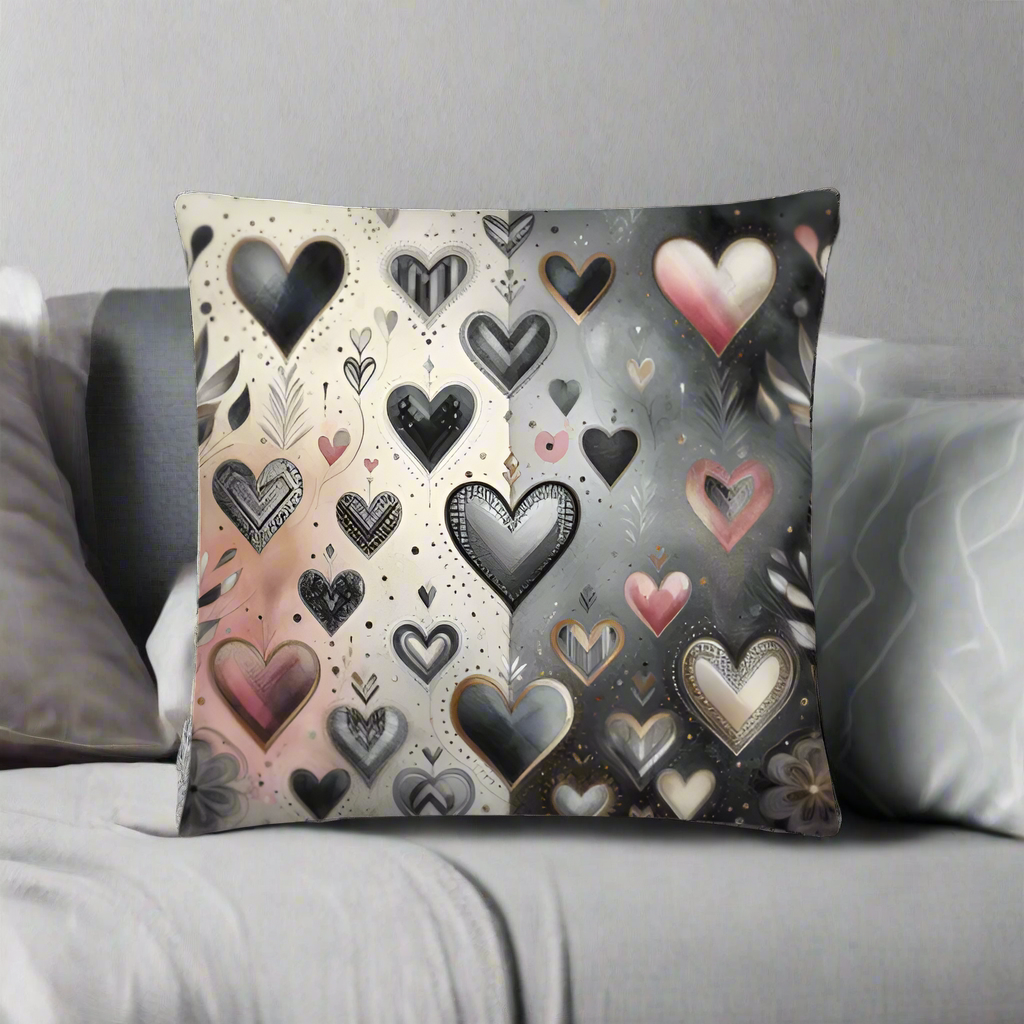 Ebony Chrome Floral Hearts Accent Throw Pillow