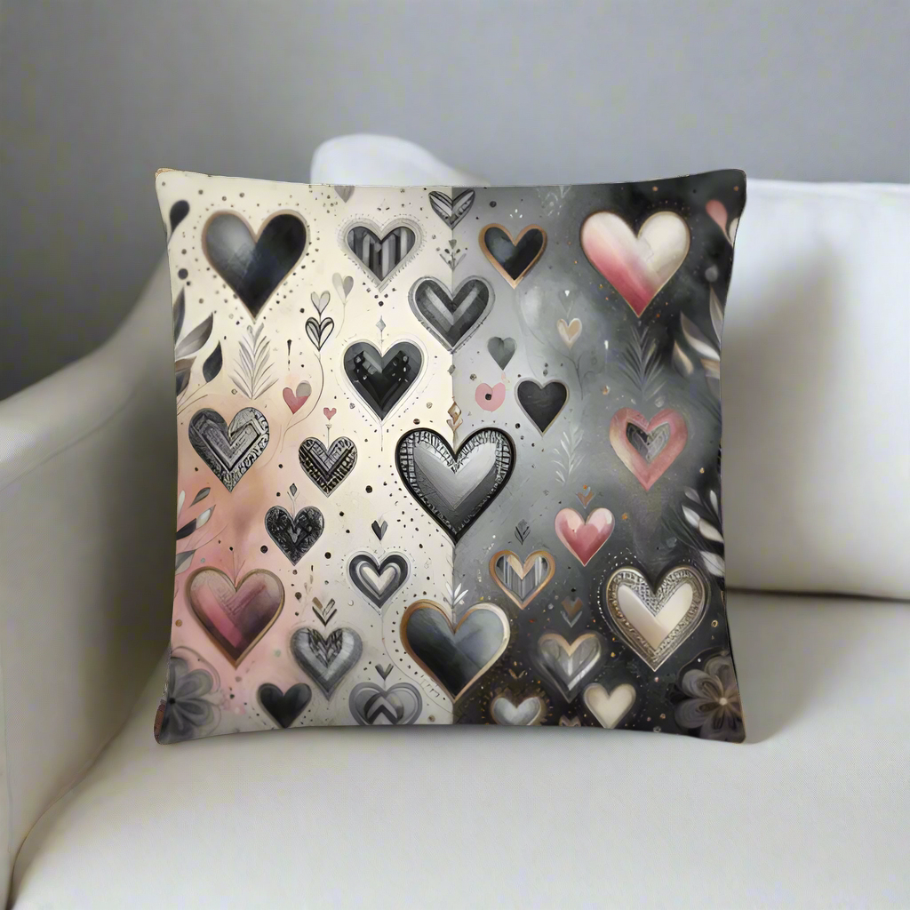 Ebony Chrome Floral Hearts Accent Throw Pillow