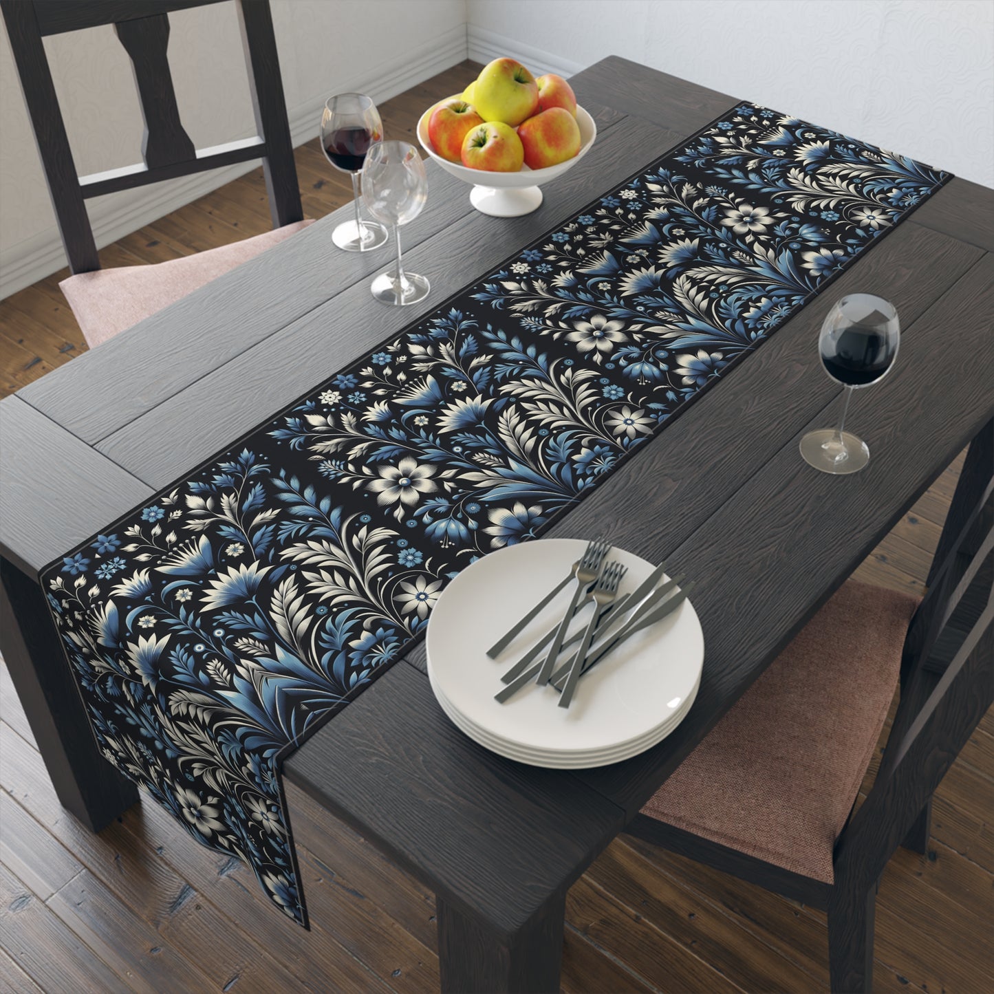 Dark Blue Art Dec Floral Table Runner