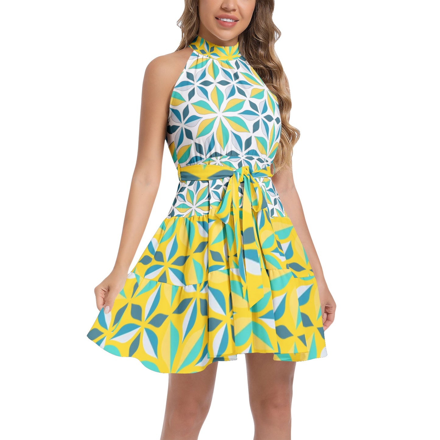 Floral Halter Dress with Ruffle Hem and Belt - Perfect for Summer - Misfit Marketing Design Studios