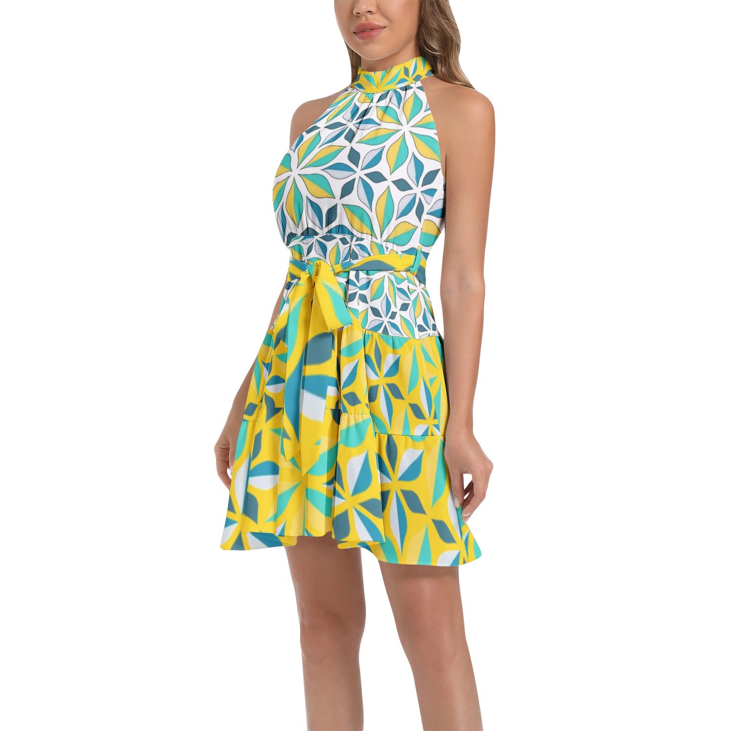 Floral Halter Dress with Ruffle Hem and Belt - Perfect for Summer - Misfit Marketing Design Studios