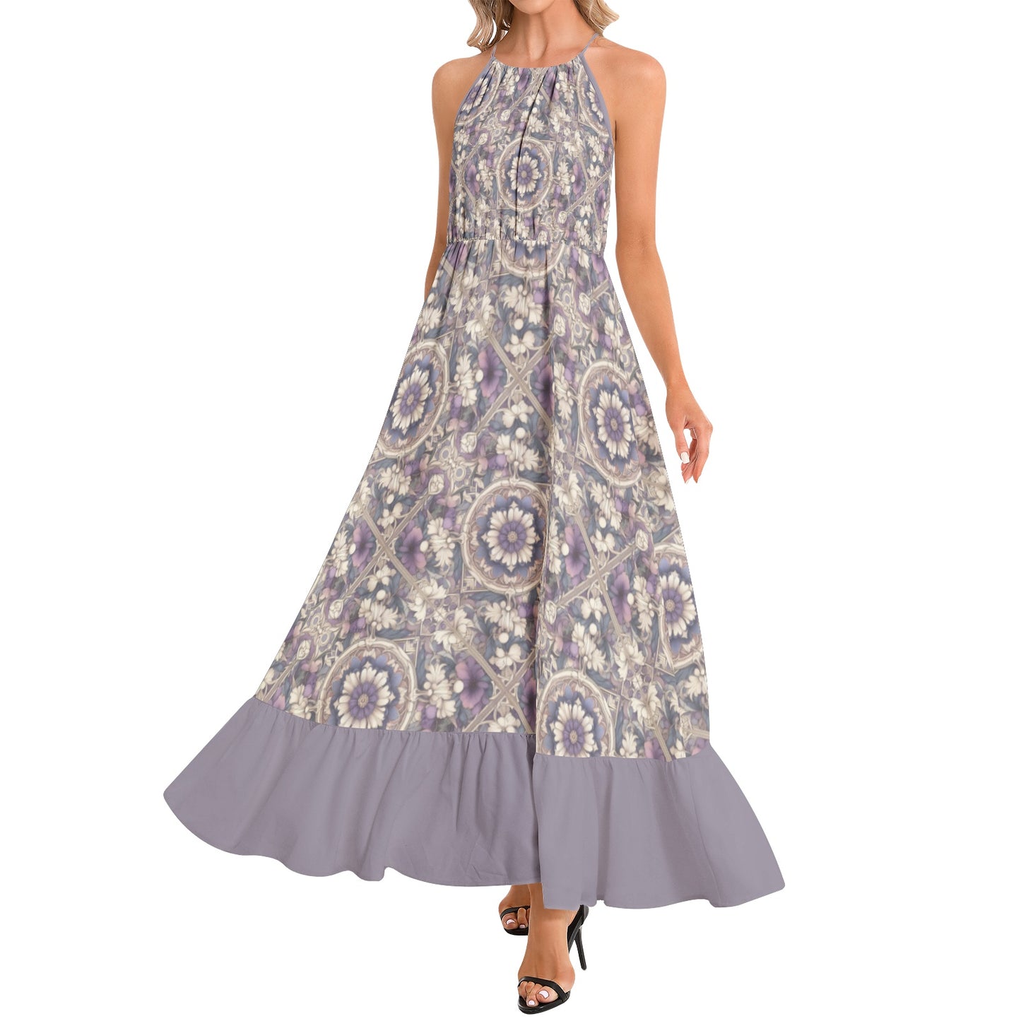 Lavender Floral Ruffle Hem Halter Neck Maxi Dress