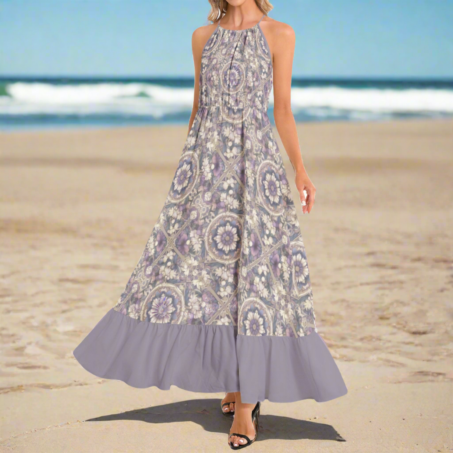 Lavender Floral Ruffle Hem Halter Neck Maxi Dress