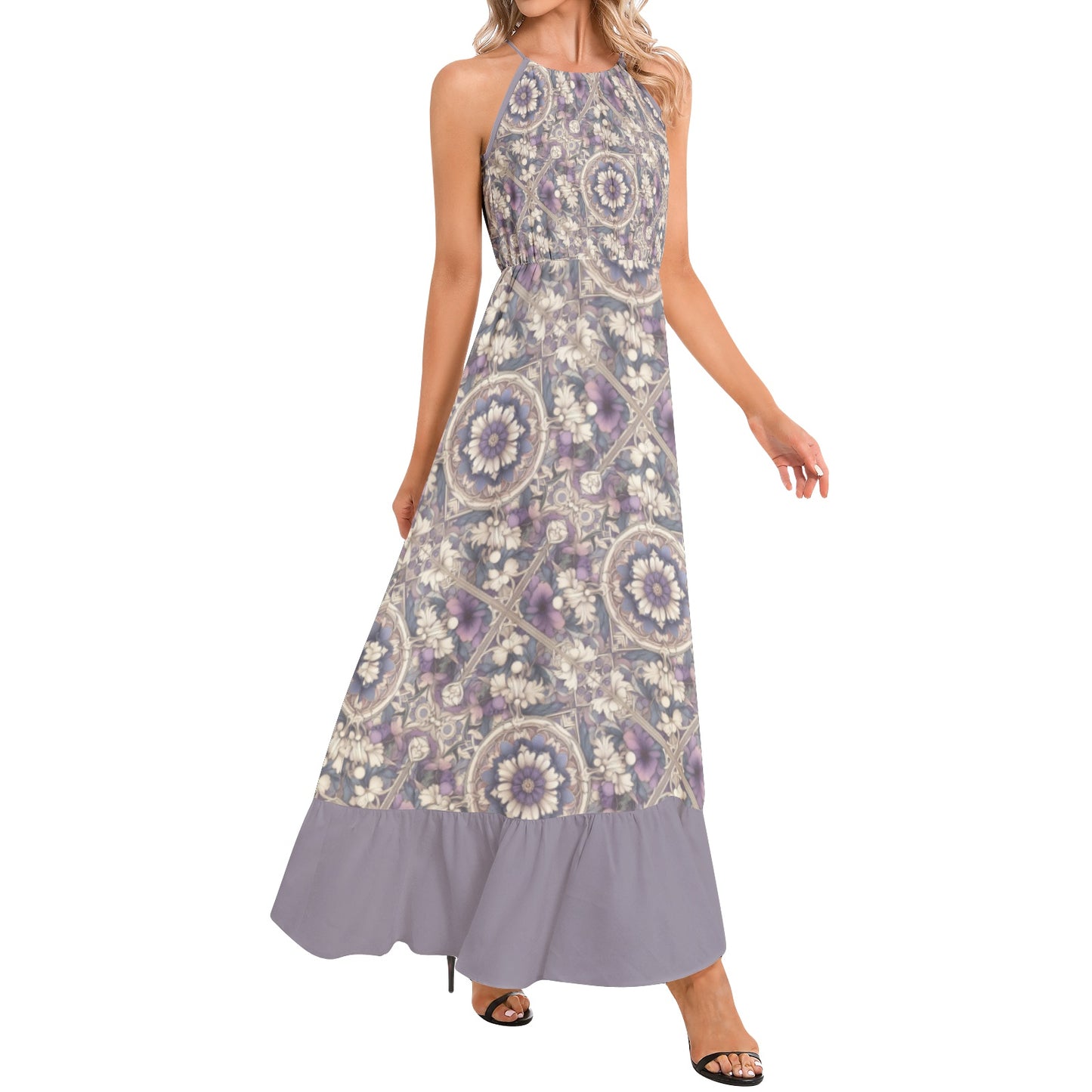 Lavender Floral Ruffle Hem Halter Neck Maxi Dress