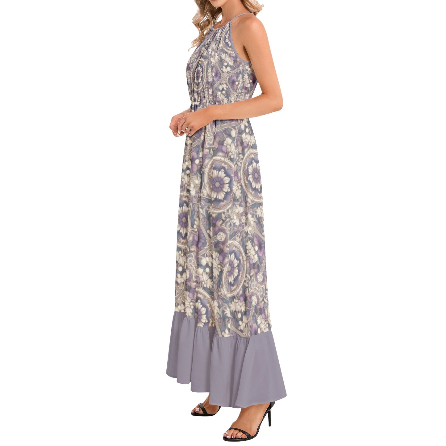 Lavender Floral Ruffle Hem Halter Neck Maxi Dress