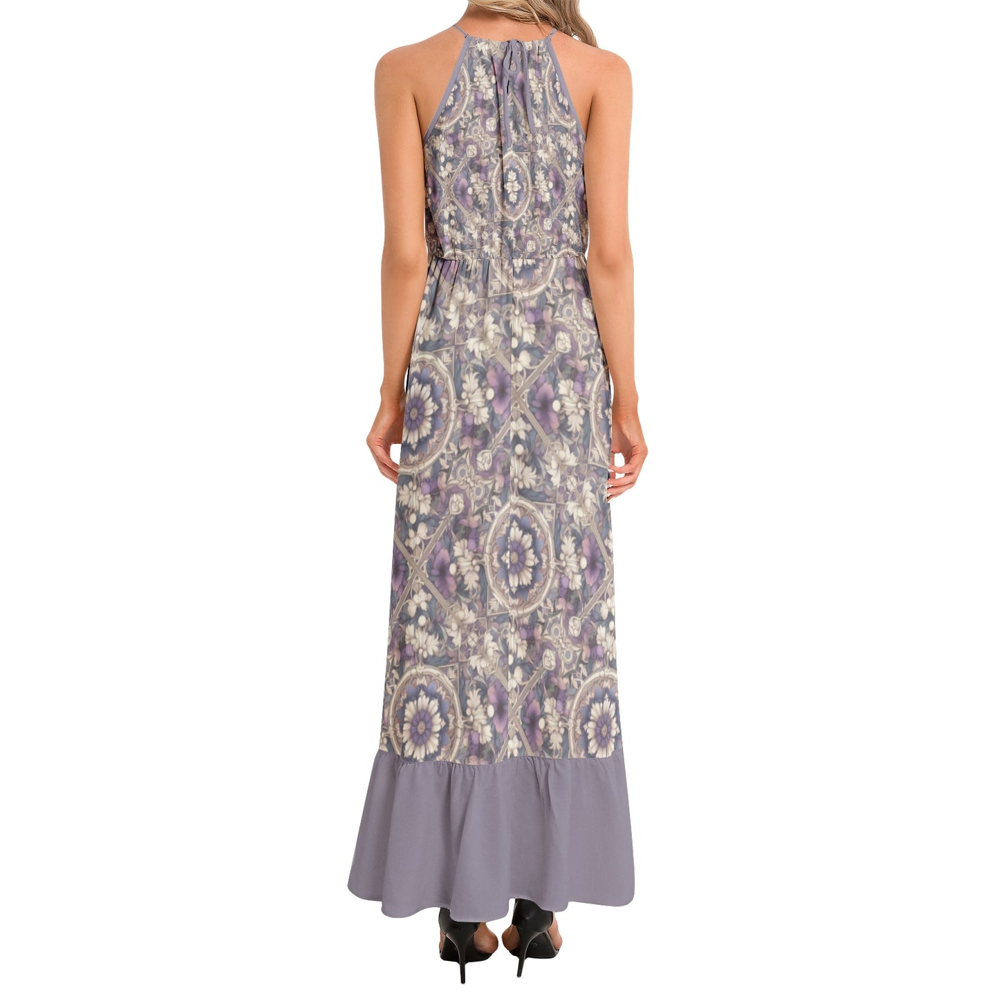 Lavender Floral Ruffle Hem Halter Neck Maxi Dress