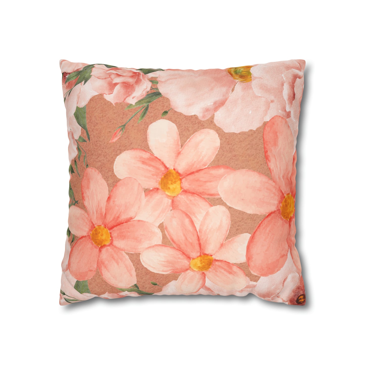 Peach Floral Faux Suede Square Pillow Cover - Decorative Home Accent - Misfit Marketing Design Studios