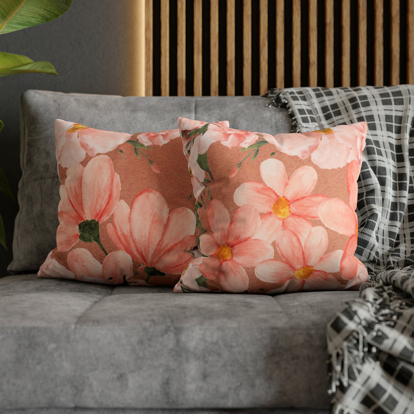 Peach Floral Faux Suede Square Pillow Cover - Decorative Home Accent - Misfit Marketing Design Studios