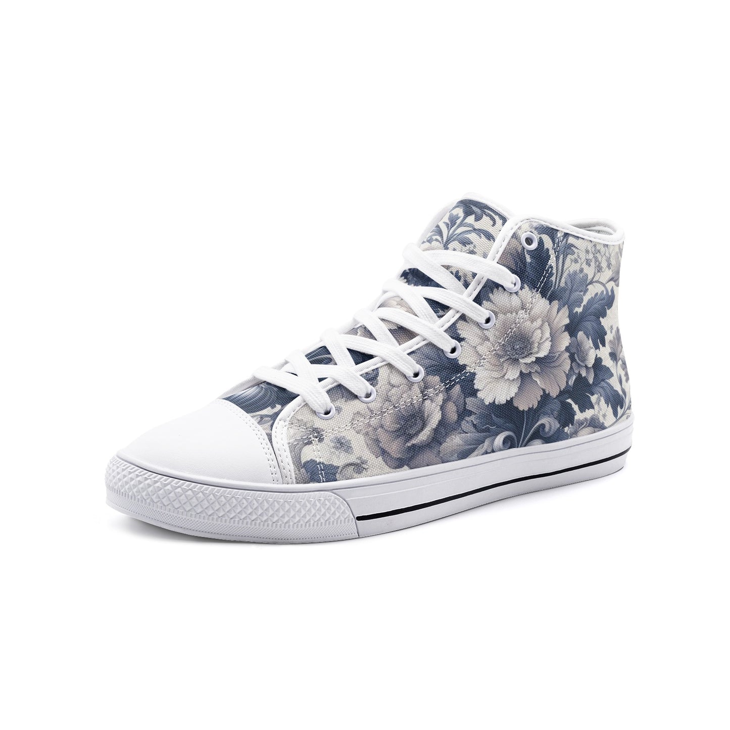 Unisex Antique Periwinkle and White Floral High Top Canvas Shoes