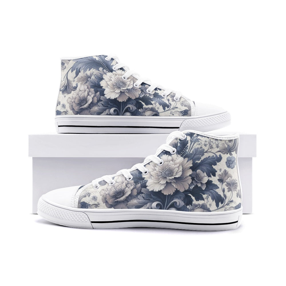 Unisex Antique Periwinkle and White Floral High Top Canvas Shoes