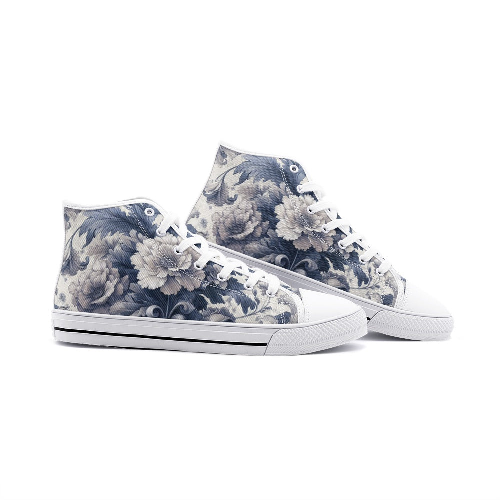 Unisex Antique Periwinkle and White Floral High Top Canvas Shoes