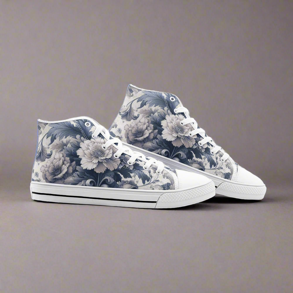 Unisex Antique Periwinkle and White Floral High Top Canvas Shoes